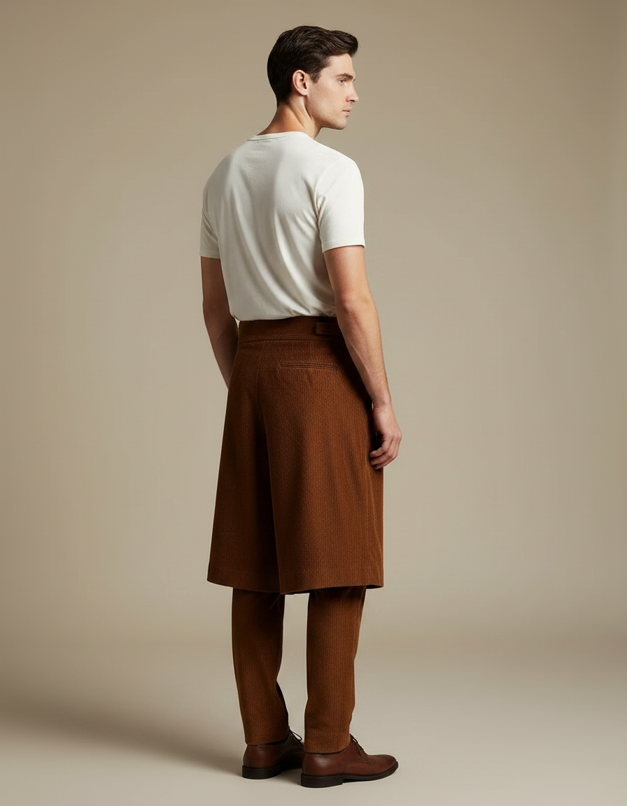 Pantalon Jupe Marron Côtelé Plissé Homme Élégant - Cordé - vue 2