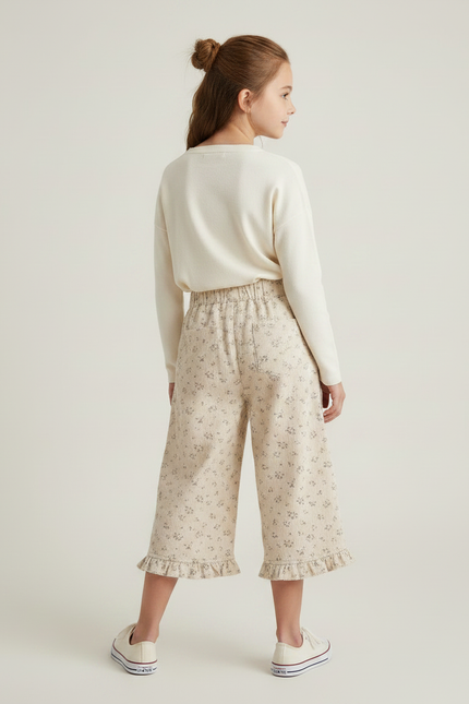 Pantalon Jupe Beige Côtelé Floral Volants Ample Enfant - Cordé - vue 2
