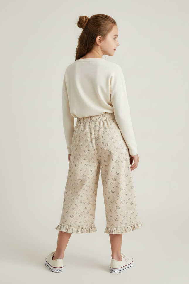 Pantalon Jupe Beige Côtelé Floral Volants Ample Enfant - Cordé - vue 2
