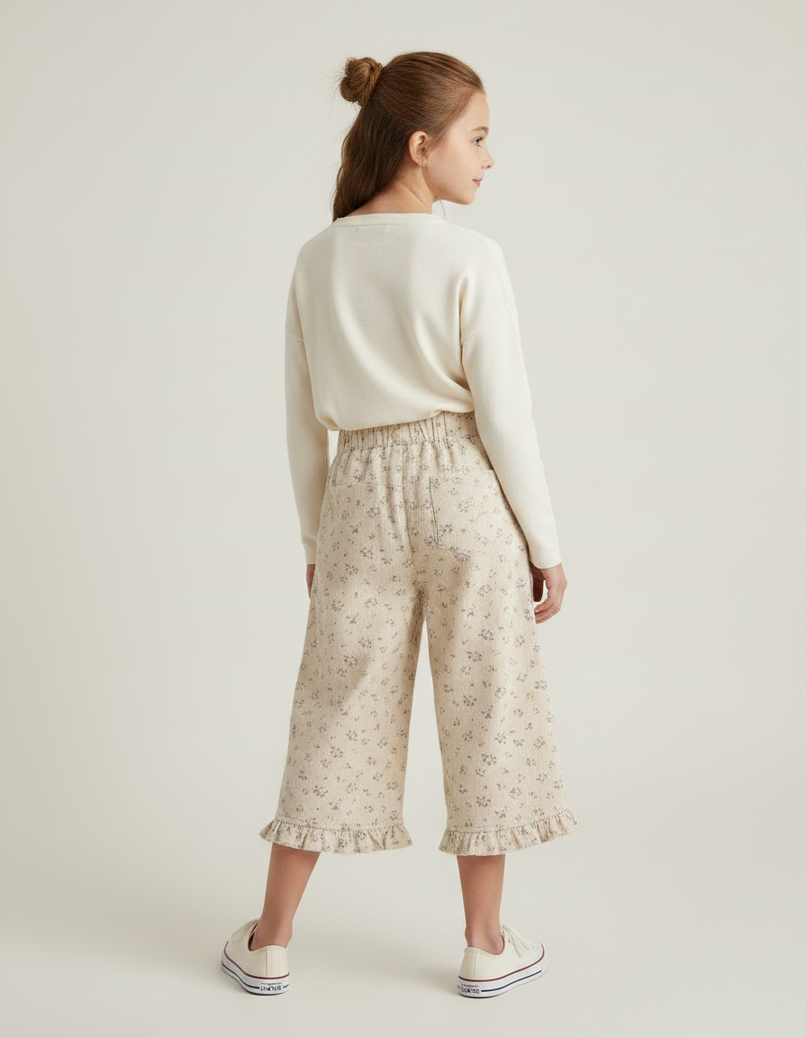 Pantalon Jupe Beige Côtelé Floral Volants Ample Enfant - Cordé - vue 2