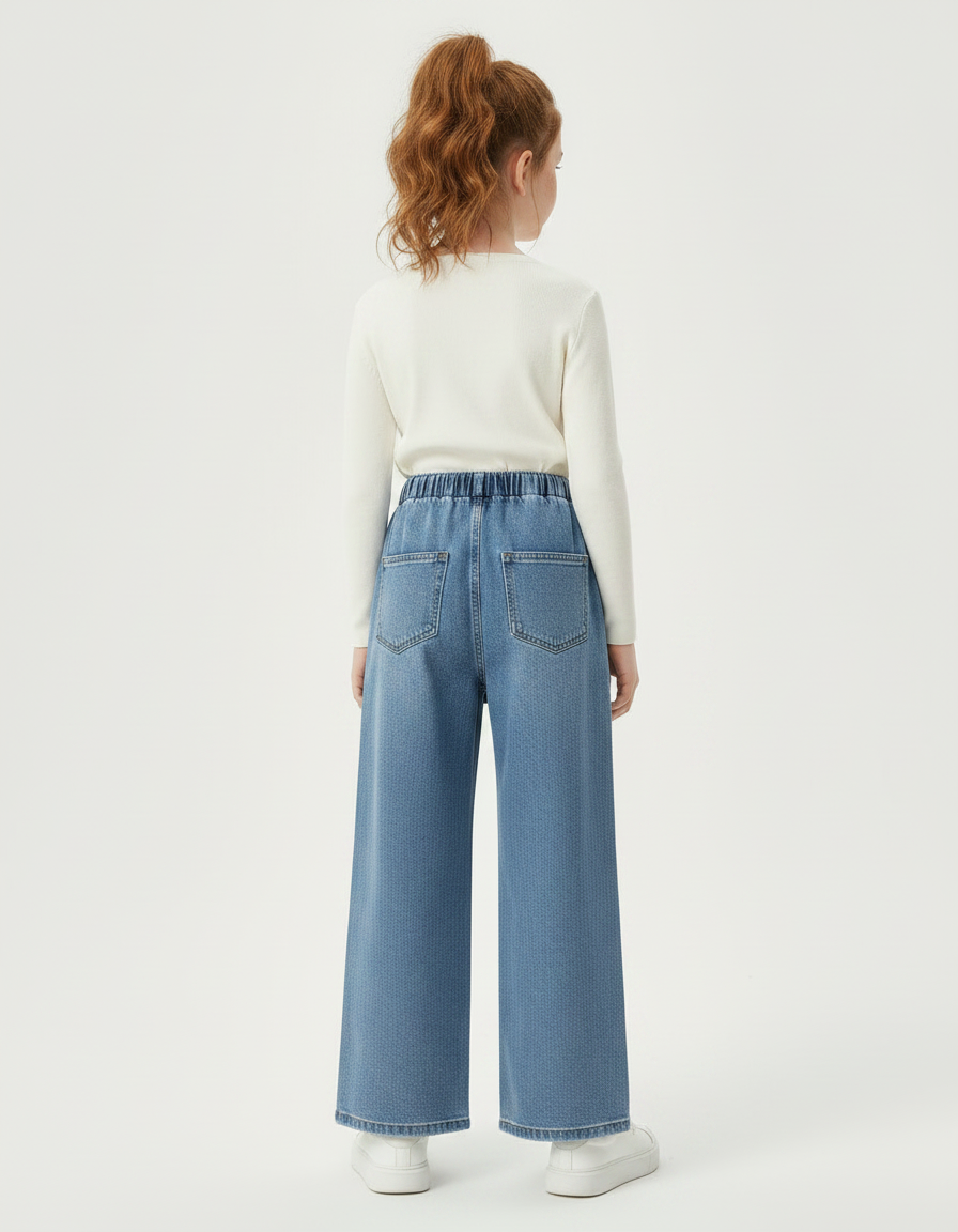 Pantalon Jupe Denim Bleu Ample Superposé Élastique Fille - Jean - vue 2