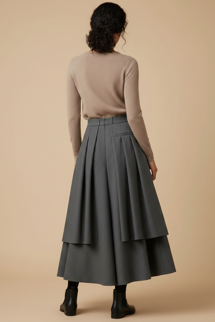 Pantalon Jupe Gris Plissé Laine Ample Superposé Élégant - vue 2