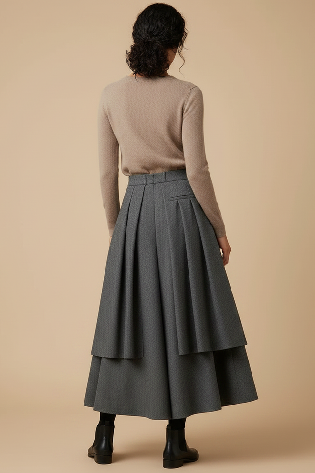 Pantalon Jupe Gris Plissé Laine Ample Superposé Élégant - vue 2