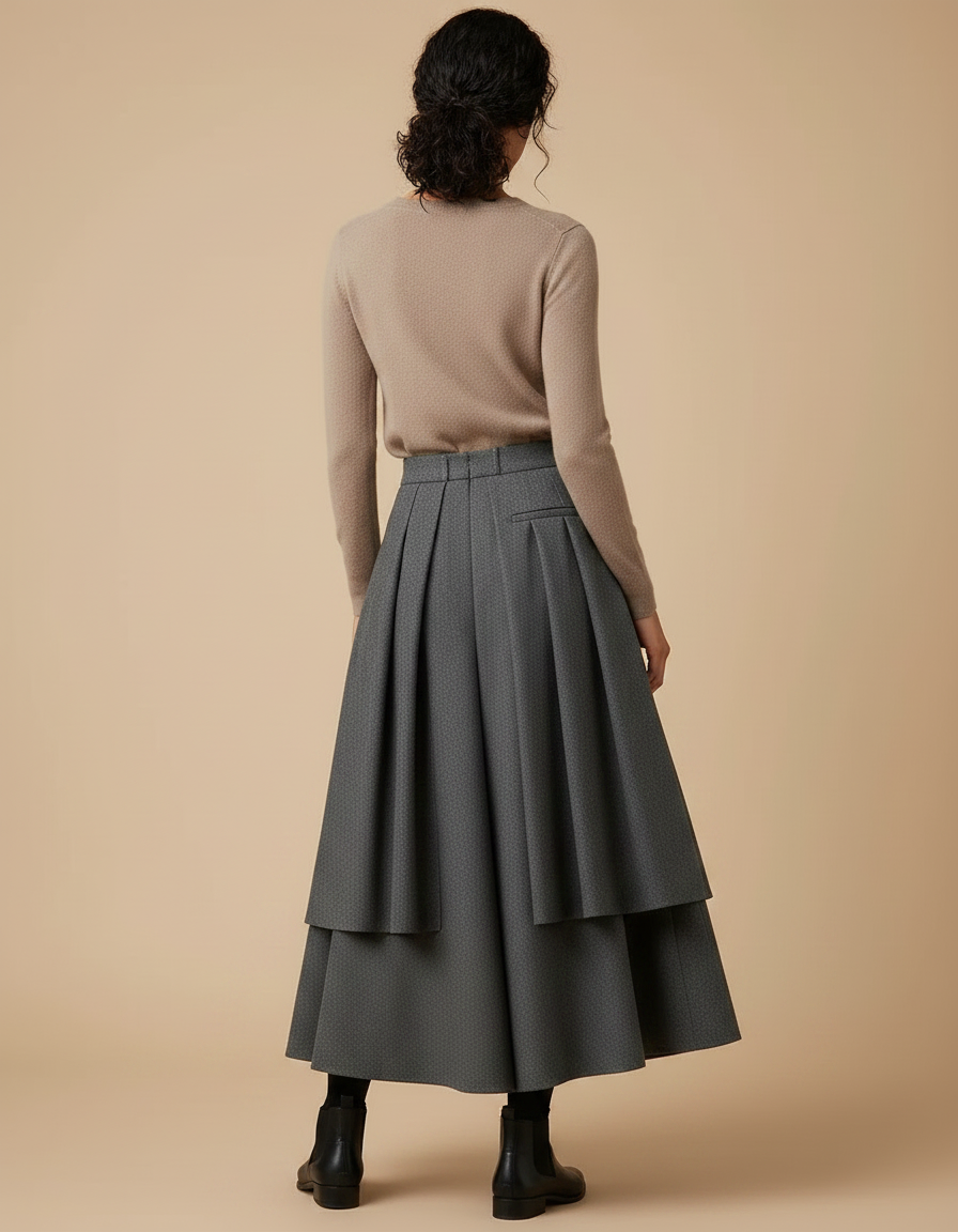 Pantalon Jupe Gris Plissé Laine Ample Superposé Élégant - vue 2