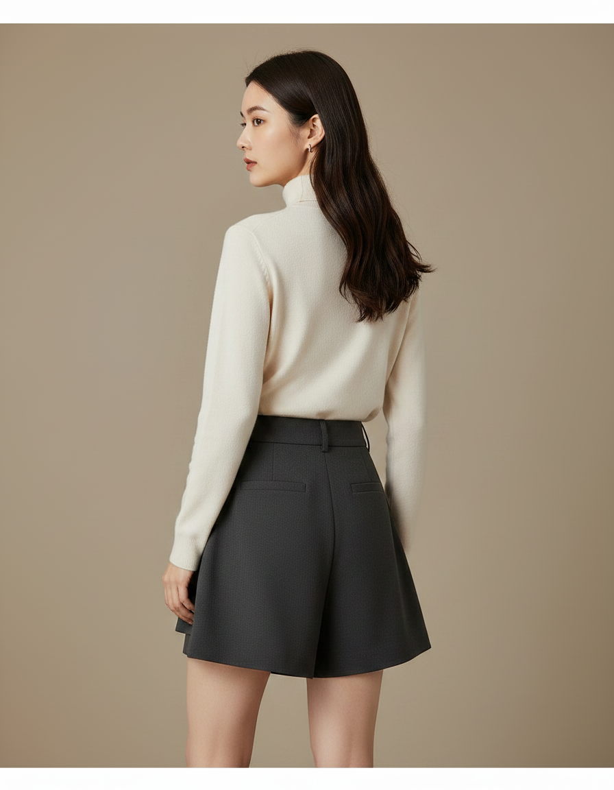 Pantalon Jupe Gris Plissé Élégant Mini Décontracté - Gabardine - vue 2