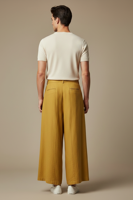 Pantalon Jupe Jaune Lin Ample Plissé Décontracté - vue 2