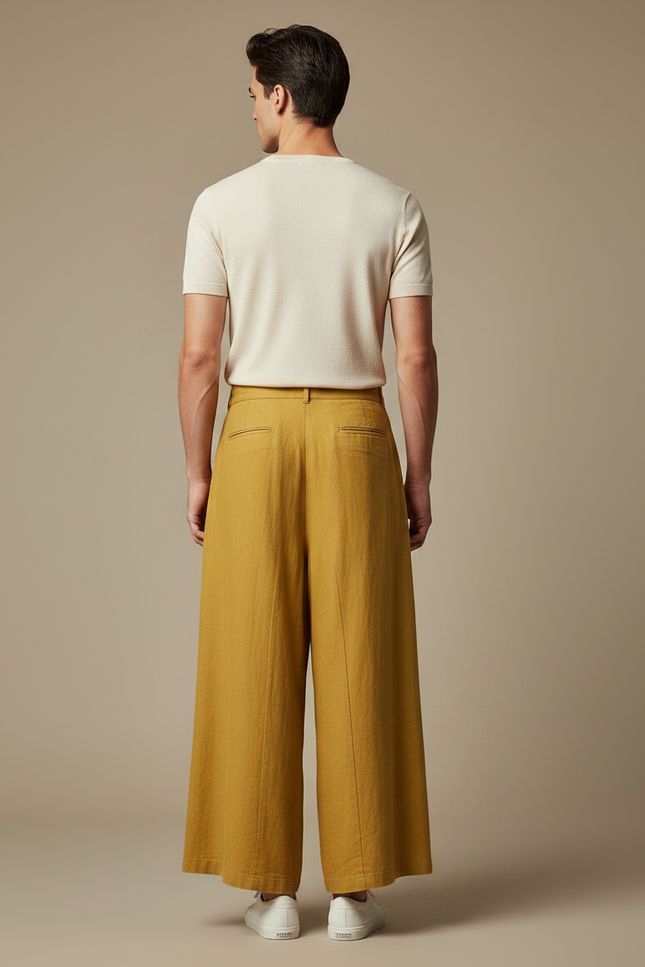 Pantalon Jupe Jaune Lin Ample Plissé Décontracté - vue 2