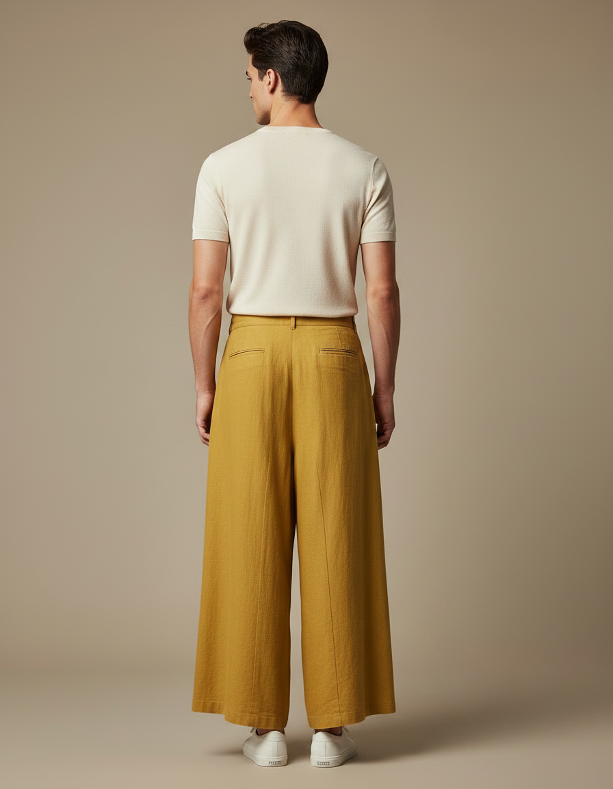 Pantalon Jupe Jaune Lin Ample Plissé Décontracté - vue 2