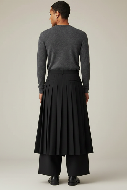 Pantalon Jupe Noir Plissé Ample Moderne Élégant - Polyester - vue 2