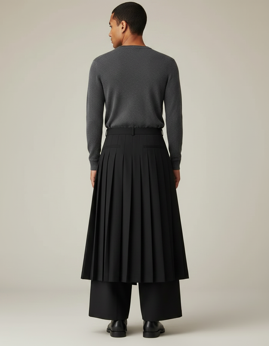 Pantalon Jupe Noir Plissé Ample Moderne Élégant - Polyester - vue 2