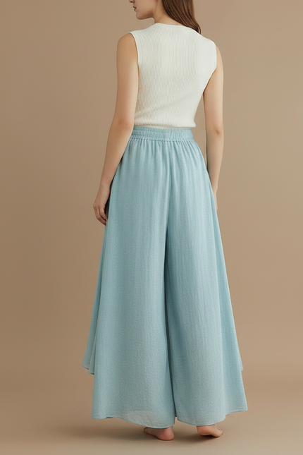 Pantalon Jupe Ample Coton Lin Superposé Bleu Femme - vue 2