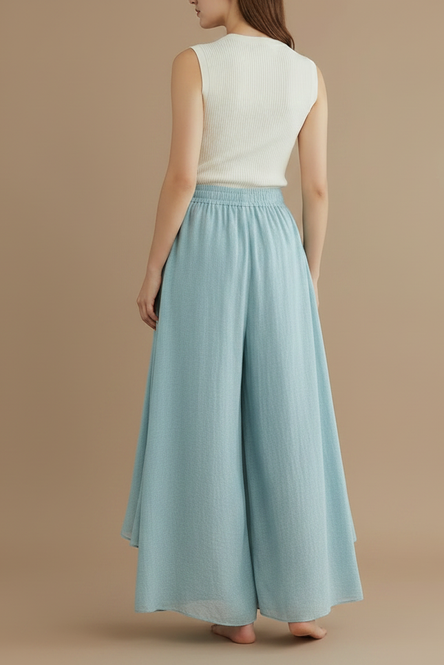 Pantalon Jupe Ample Coton Lin Superposé Bleu Femme - vue 2