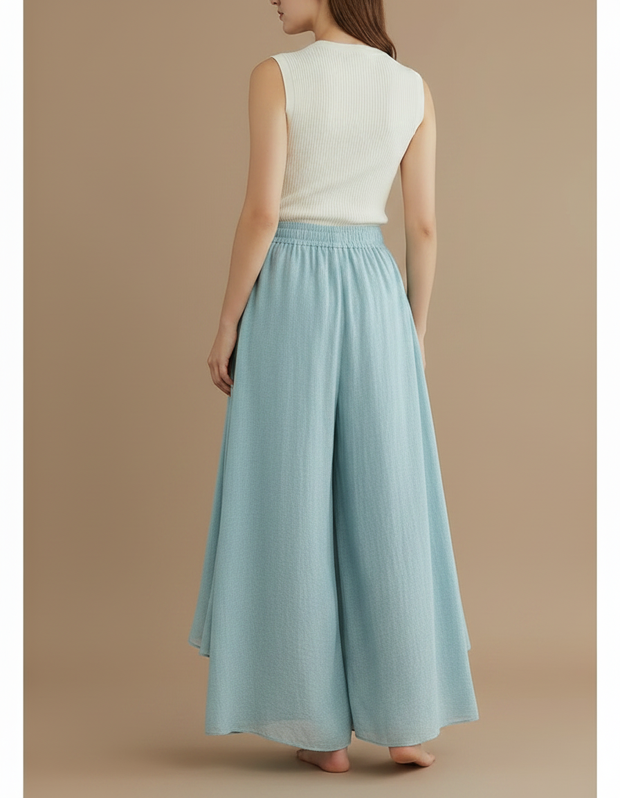 Pantalon Jupe Ample Coton Lin Superposé Bleu Femme - vue 2