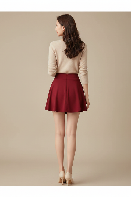 Pantalon Jupe Rouge Mini Évasée Élégante Décontractée - Bordeaux Polyester - vue 2