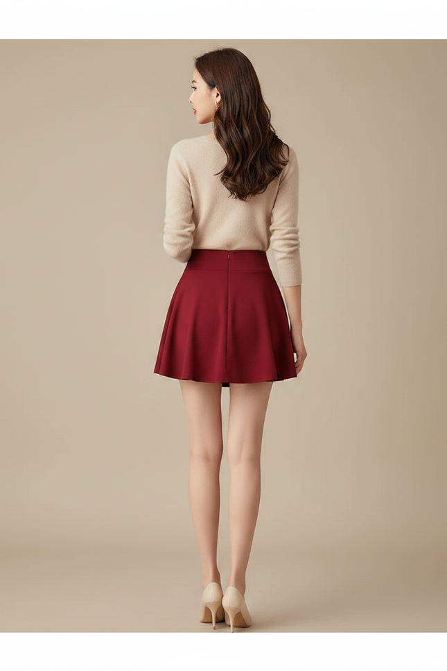 Pantalon Jupe Rouge Mini Évasée Élégante Décontractée - Bordeaux Polyester - vue 2