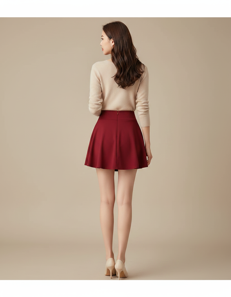 Pantalon Jupe Rouge Mini Évasée Élégante Décontractée - Bordeaux Polyester - vue 2
