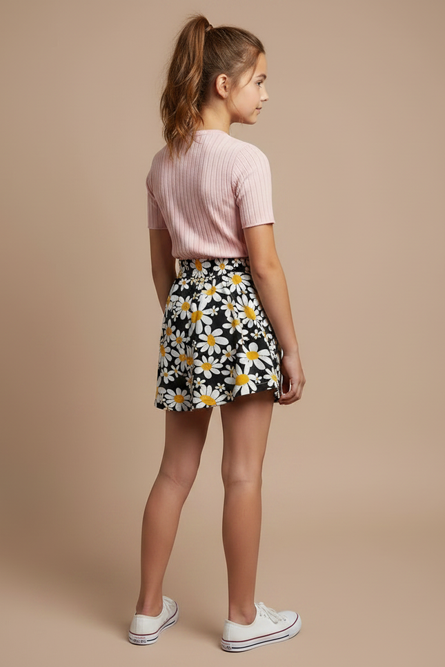 Pantalon Jupe Noir Fleuri Ample Fille Moderne - Imprimé Polyester - vue 2