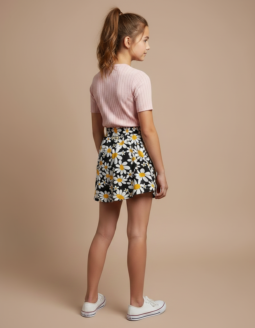 Pantalon Jupe Noir Fleuri Ample Fille Moderne - Imprimé Polyester - vue 2