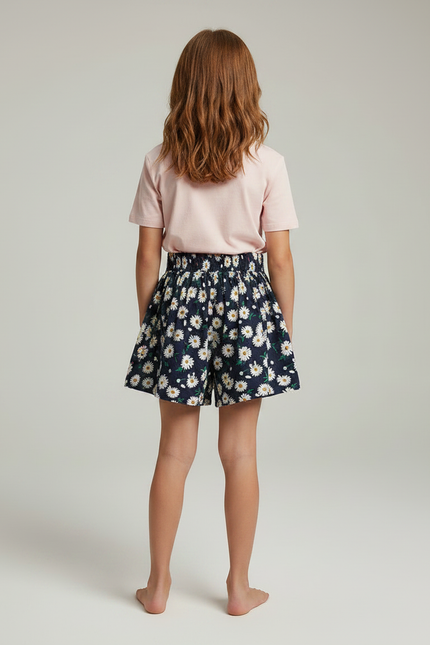 Pantalon Jupe Bleu Marine Fleuri Élastique Confortable Fille - Coton - vue 2