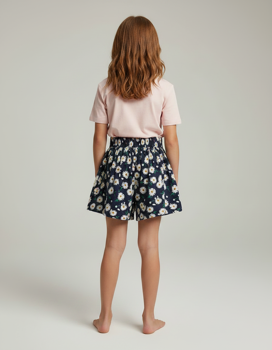 Pantalon Jupe Bleu Marine Fleuri Élastique Confortable Fille - Coton - vue 2