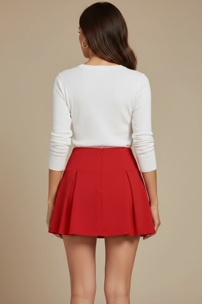 Pantalon Jupe Rouge Plissé Taille Haute Mini - Polyester - vue 2