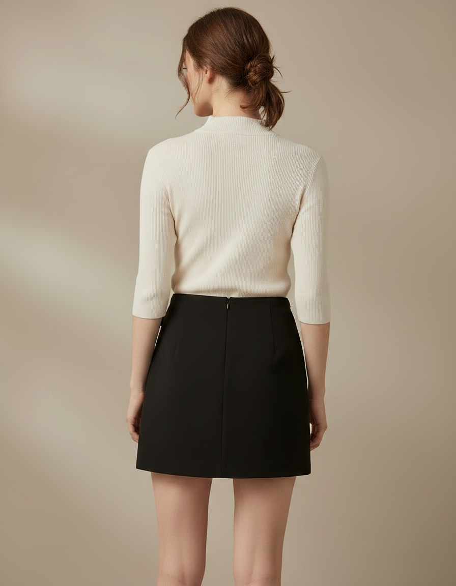 Pantalon Jupe Noir Ceinture Boucle Taille Haute - Polyester - vue 2