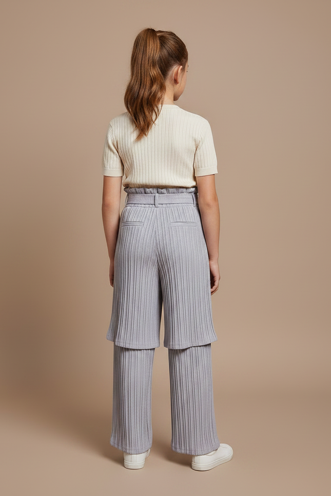 Pantalon Jupe Gris Plissé Superposé Confortable Fille - Maille - vue 2