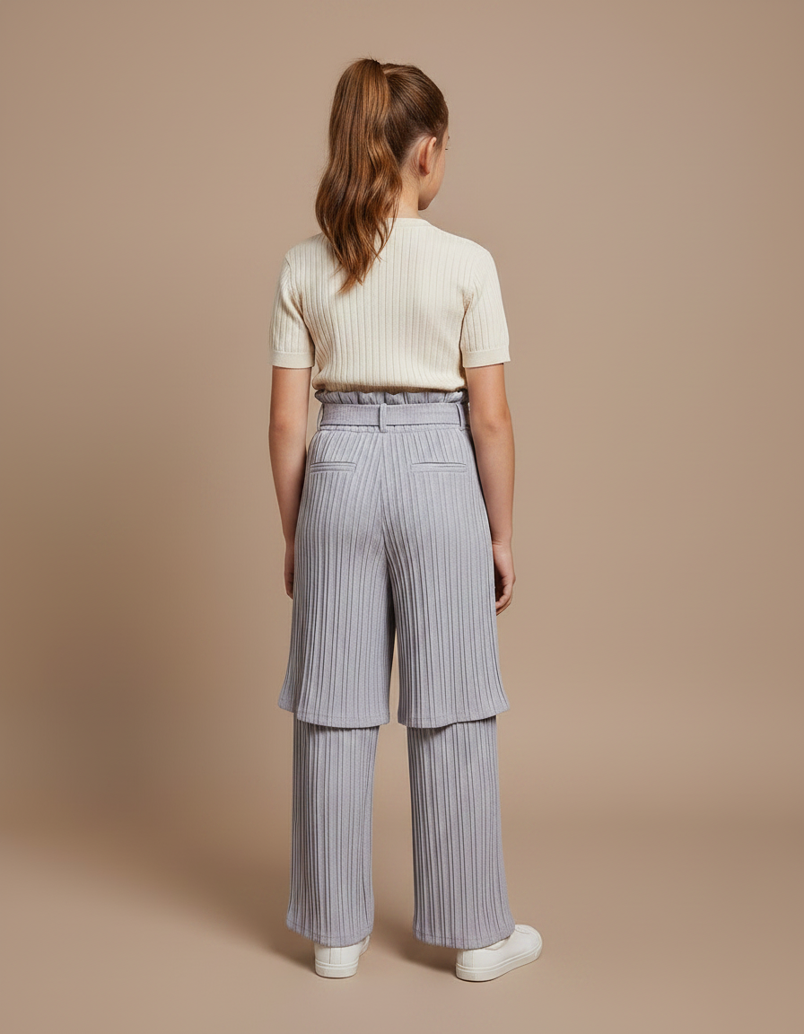 Pantalon Jupe Gris Plissé Superposé Confortable Fille - Maille - vue 2