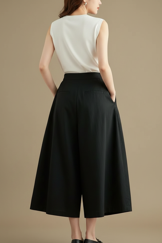 Pantalon Jupe Noir Ample Coton Fluide Élégant - vue 2