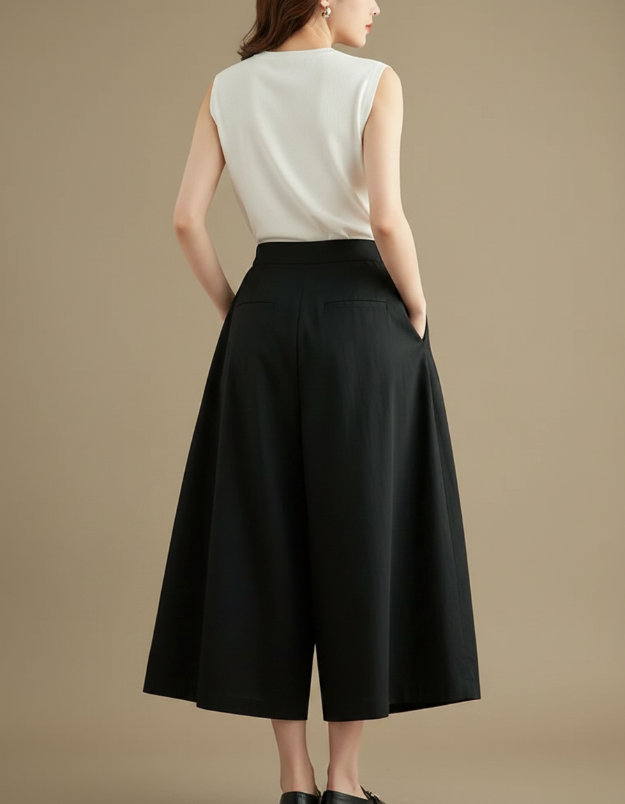 Pantalon Jupe Noir Ample Coton Fluide Élégant - vue 2