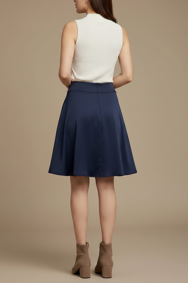 Pantalon Jupe Bleu Marine Évasée Courte Plissée Élégante Femme - Satin - vue 2