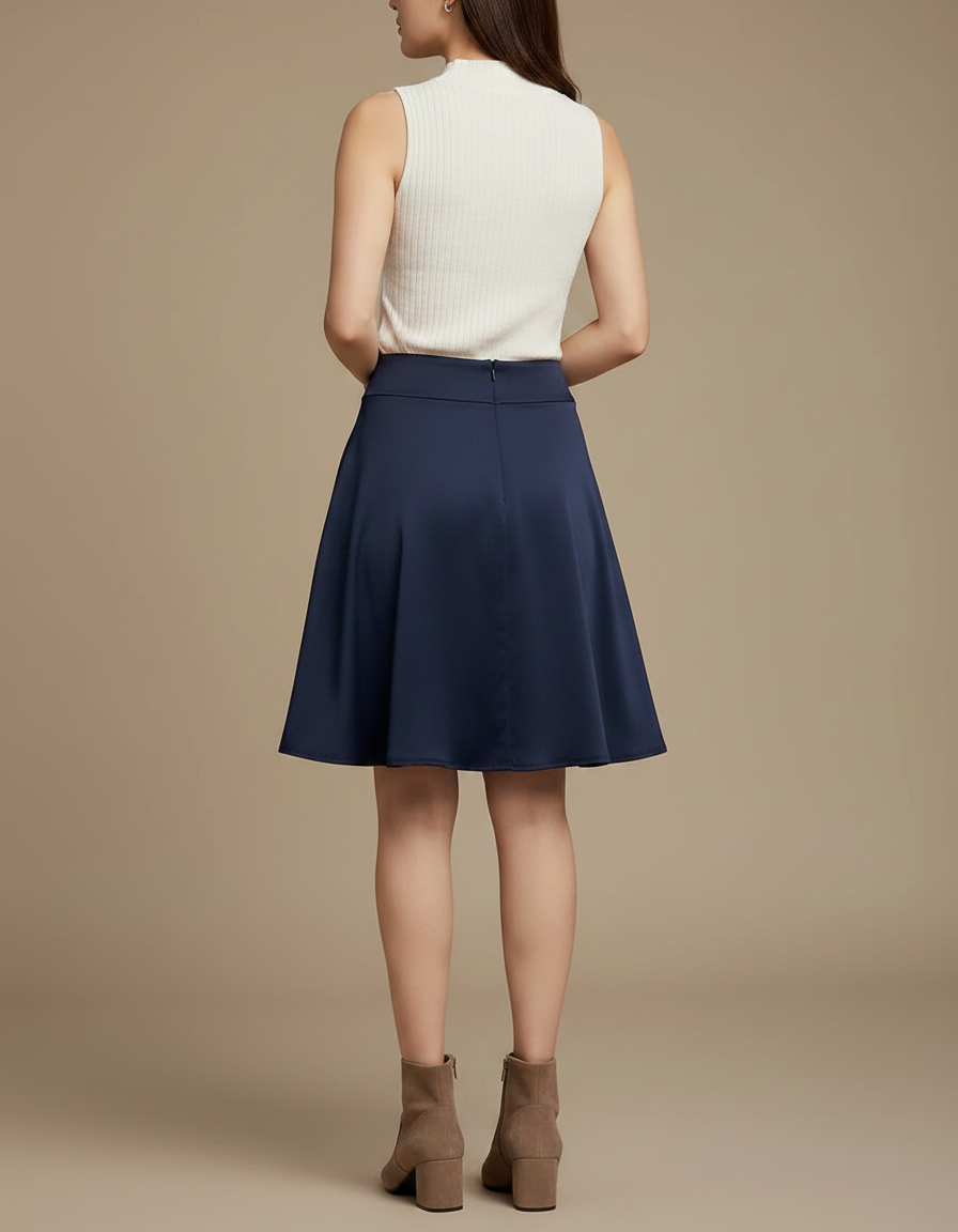 Pantalon Jupe Bleu Marine Évasée Courte Plissée Élégante Femme - Satin - vue 2