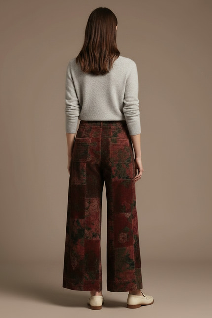 Pantalon Jupe Velours Côtelé Floral Vintage Ample Marron - Cordé - vue 2