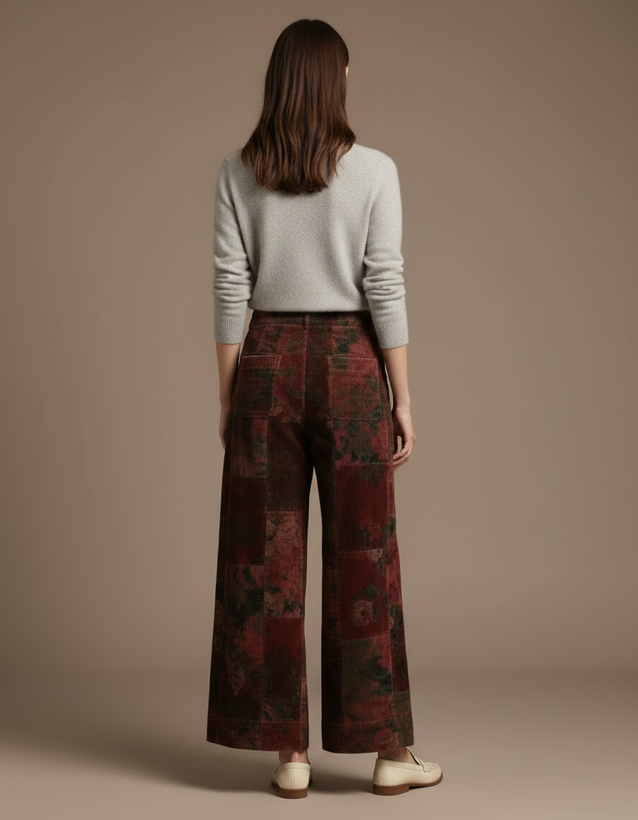 Pantalon Jupe Velours Côtelé Floral Vintage Ample Marron - Cordé - vue 2