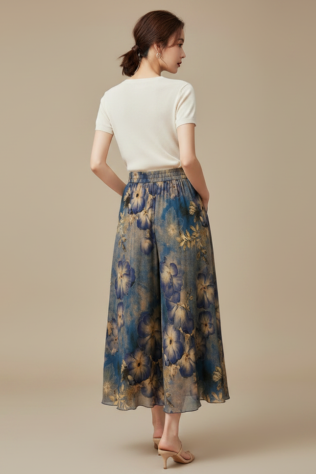 Pantalon Jupe Bleu Floral Ample Fluide Élégant - Viscose - vue 2