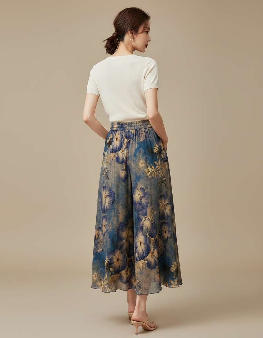 Pantalon Jupe Bleu Floral Ample Fluide Élégant - Viscose - vue 2