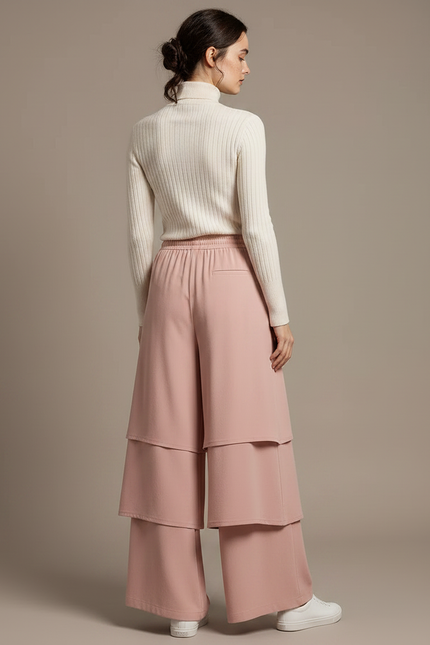 Pantalon Jupe Rose Superposé Ample Fluide Élégant - Polyester - vue 2