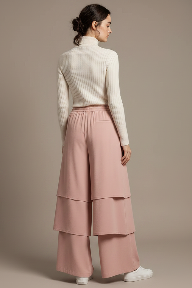 Pantalon Jupe Rose Superposé Ample Fluide Élégant - Polyester - vue 2