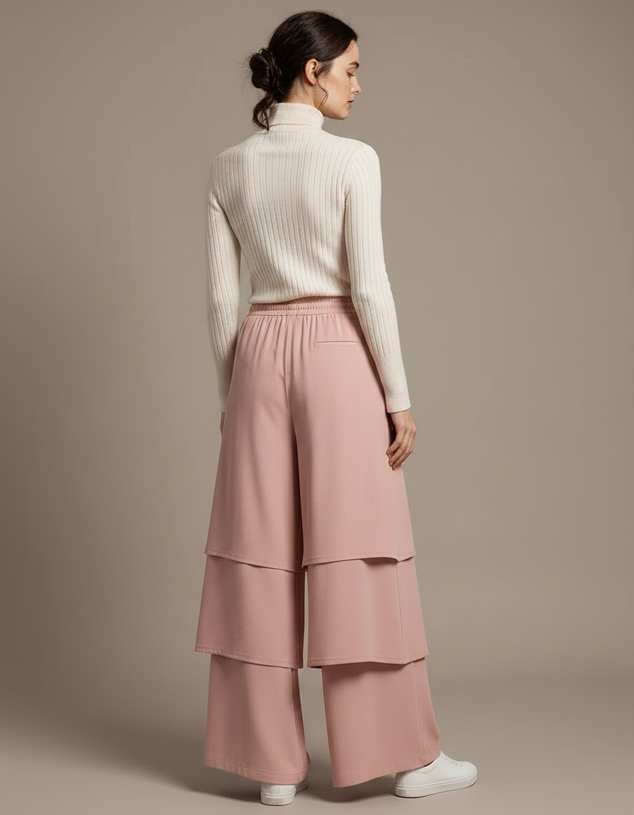 Pantalon Jupe Rose Superposé Ample Fluide Élégant - Polyester - vue 2