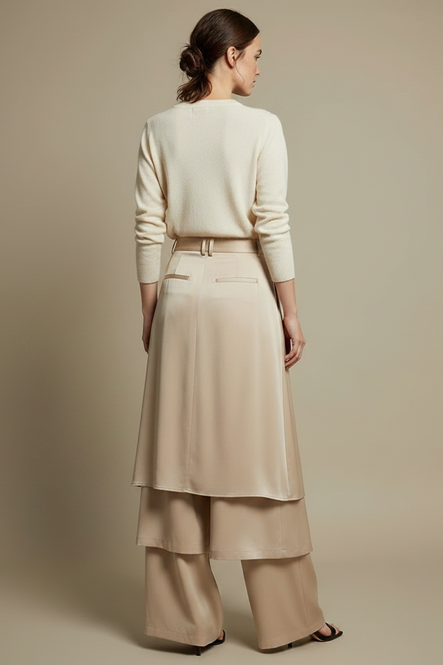 Pantalon Jupe Beige Satiné Fluide Superposé Élégant - vue 2