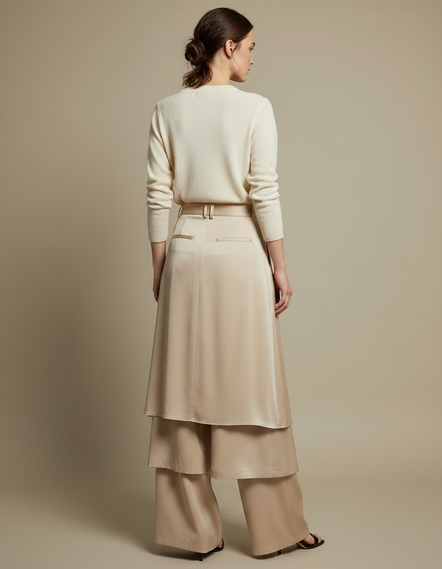 Pantalon Jupe Beige Satiné Fluide Superposé Élégant - vue 2