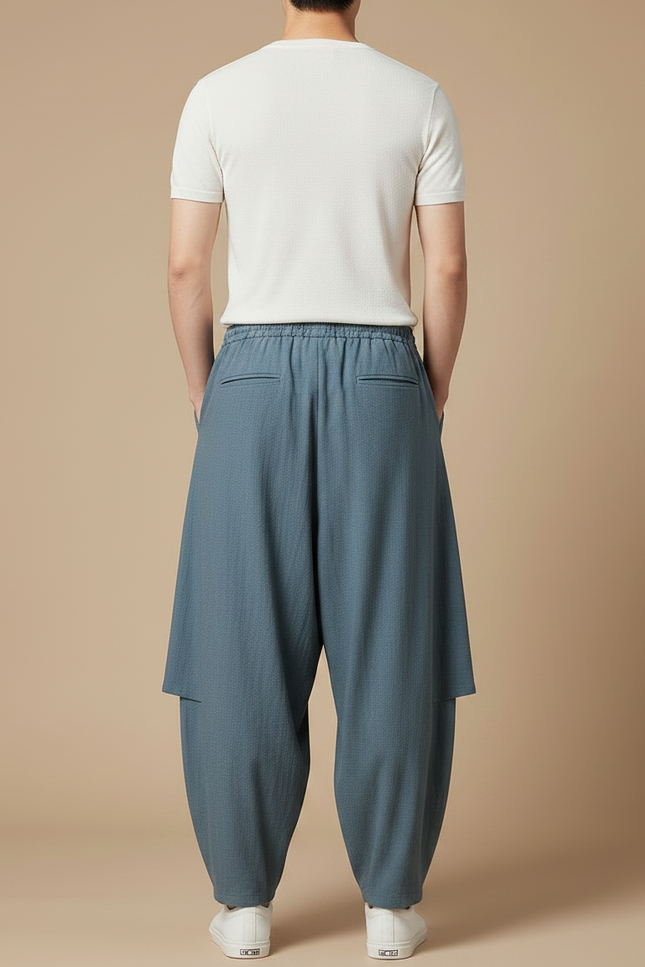 Pantalon Jupe Bleu Coton Ample Drapé Homme - vue 2