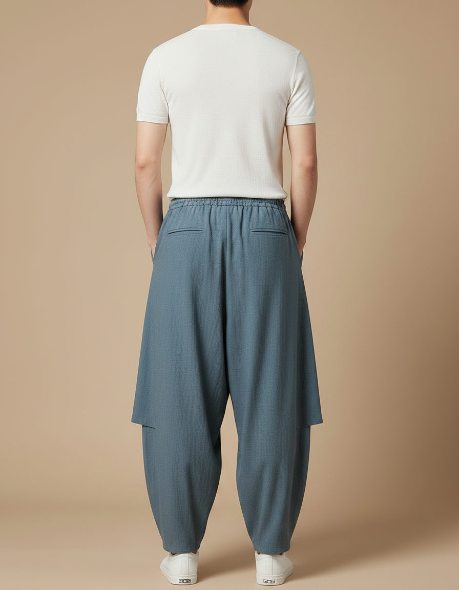 Pantalon Jupe Bleu Coton Ample Drapé Homme - vue 2