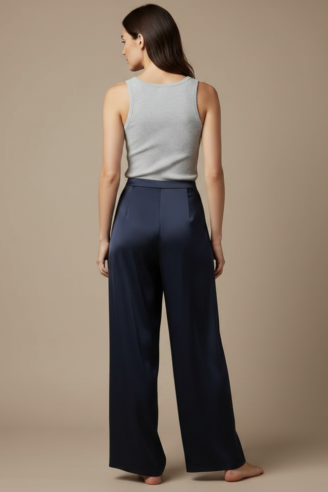 Pantalon Jupe Bleu Marine Satiné Ample Fluide Élégant - vue 2