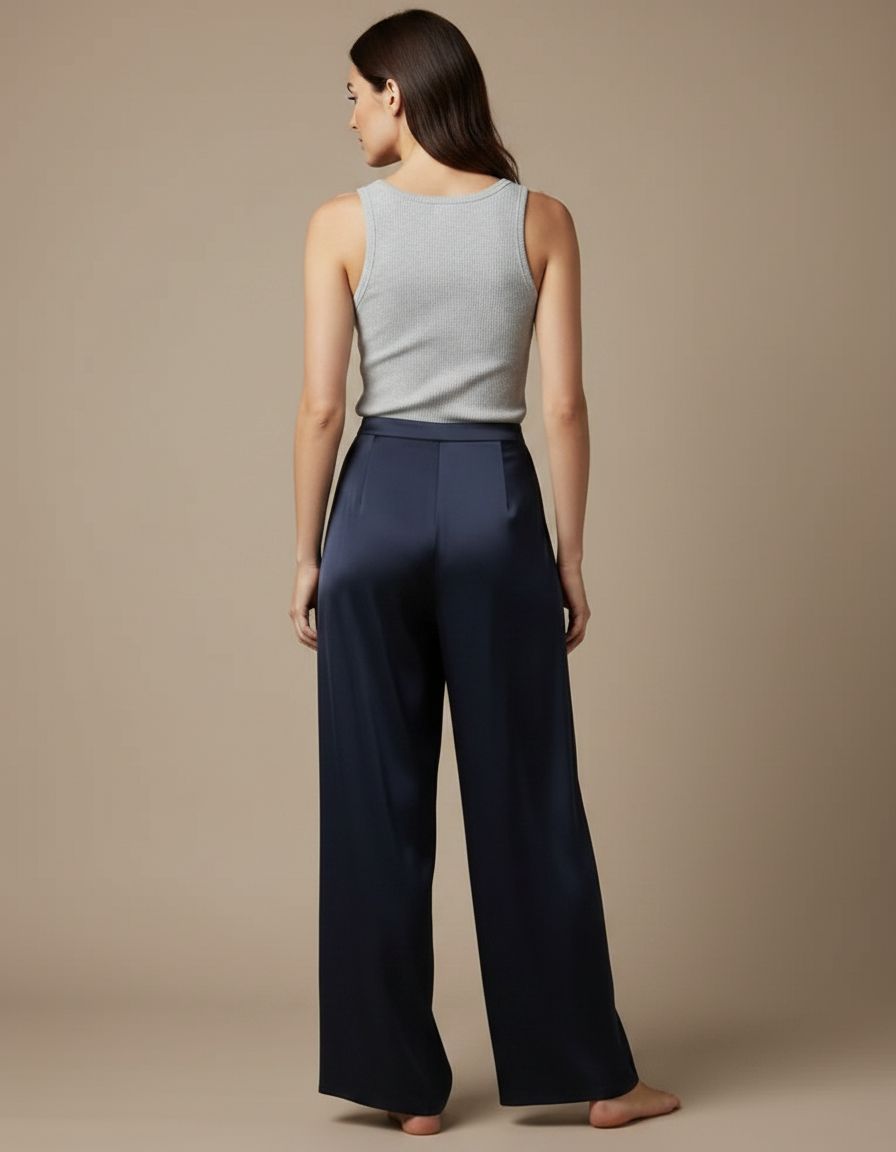 Pantalon Jupe Bleu Marine Satiné Ample Fluide Élégant - vue 2
