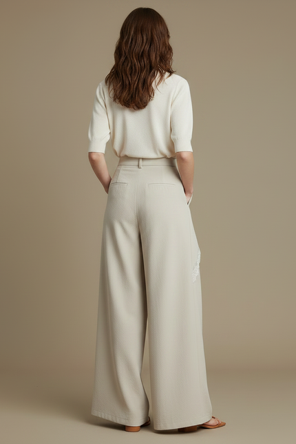 Pantalon Jupe Beige Fluide Dentelle Élégant Ample - Viscose - vue 2