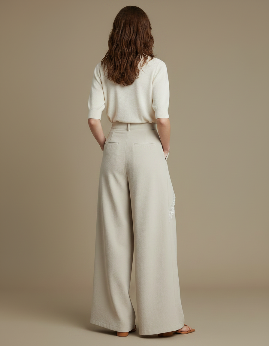 Pantalon Jupe Beige Fluide Dentelle Élégant Ample - Viscose - vue 2