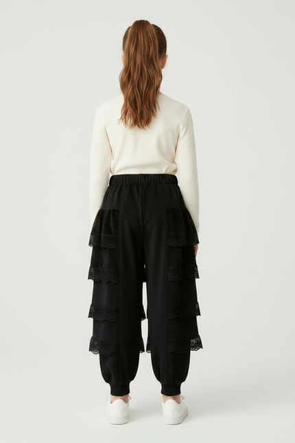 Pantalon Jupe Noir Volants Dentelle Ample Confortable - Viscose - vue 2