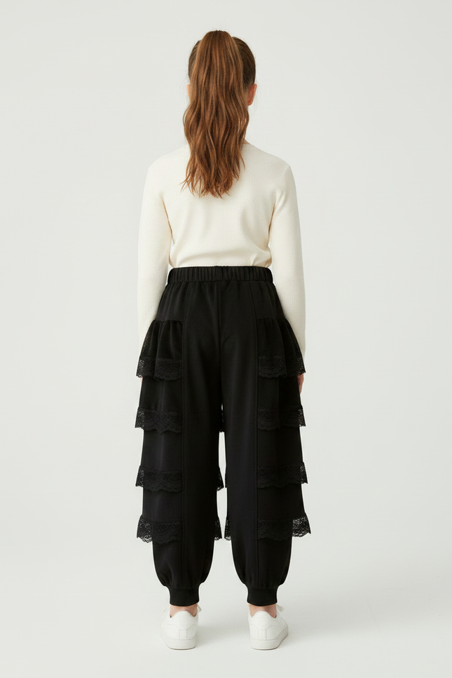 Pantalon Jupe Noir Volants Dentelle Ample Confortable - Viscose - vue 2