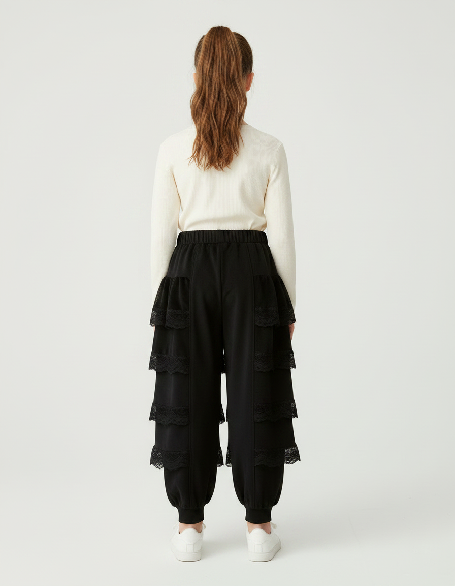 Pantalon Jupe Noir Volants Dentelle Ample Confortable - Viscose - vue 2